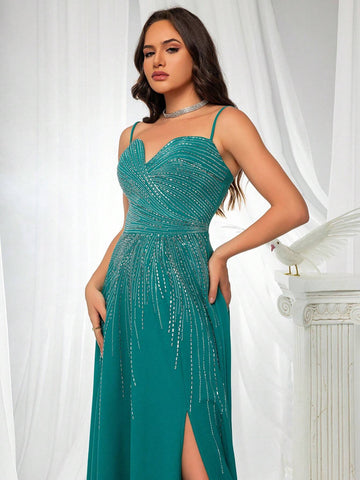 French-Style Gorgeous High-End Rhinestone Embellished High Split Spaghetti Straps Evening Dress For Rich Girls