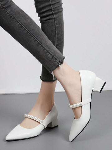 French Block Heel Mary Jane Pumps, Soft Leather Pointed Toe Mid Heel Strap Pearls High Heels, Elegant & Sexy