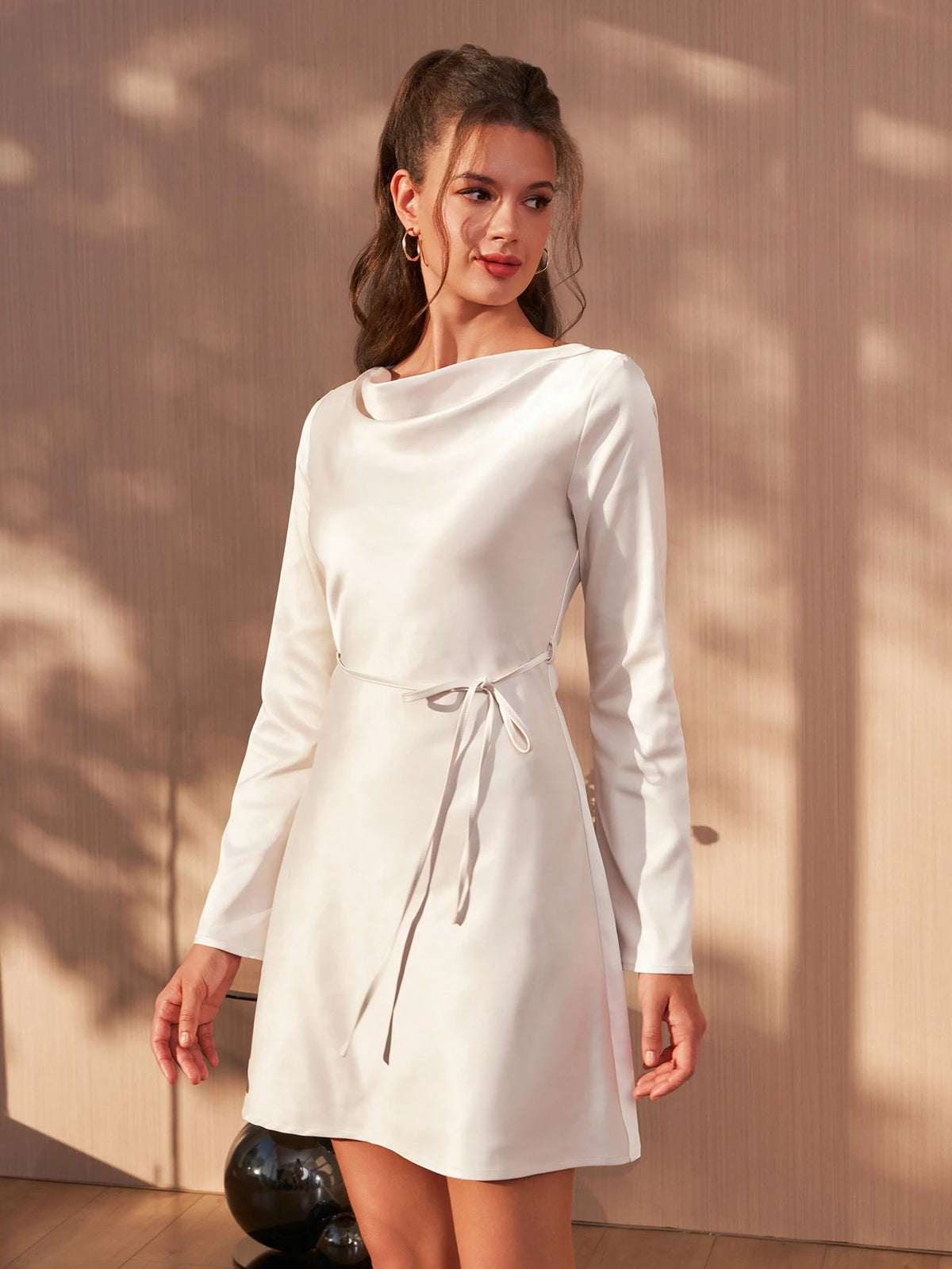 French Elegant Fitted Simple Long Sleeve High-End Satin Mini Dress, Slouchy Slimming All-Match Fairy Dress