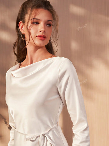 French Elegant Fitted Simple Long Sleeve High-End Satin Mini Dress, Slouchy Slimming All-Match Fairy Dress