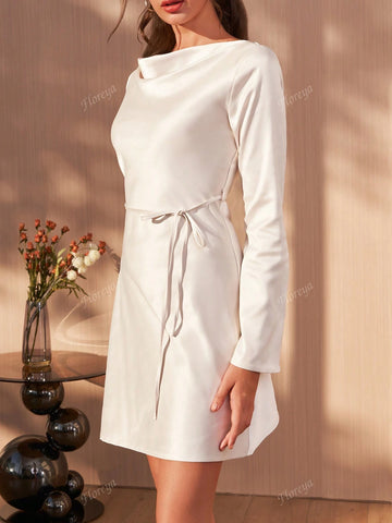 French Elegant Fitted Simple Long Sleeve High-End Satin Mini Dress, Slouchy Slimming All-Match Fairy Dress