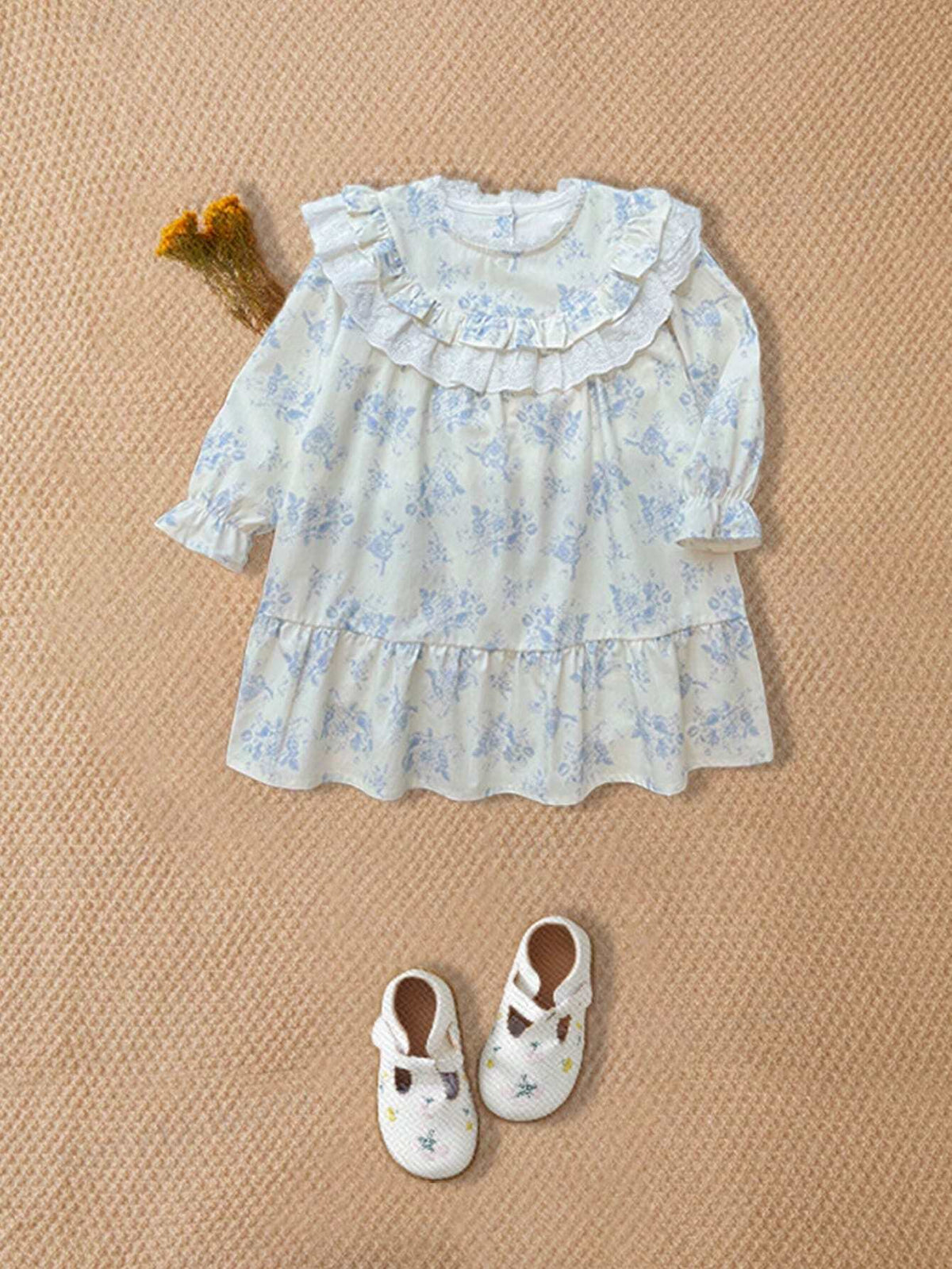 French Elegant Ruffled Collar Lace Decor Long Sleeve Princess Dress For Girls
