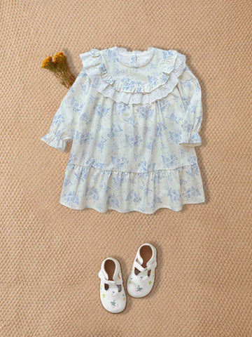 French Elegant Ruffled Collar Lace Decor Long Sleeve Princess Dress For Girls