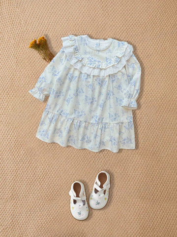 French Elegant Ruffled Collar Lace Decor Long Sleeve Princess Dress For Girls