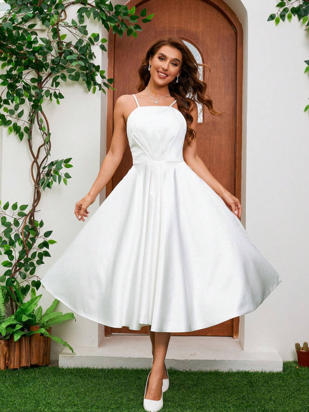 French Elegant Satin Spaghetti Strap Wedding Gown