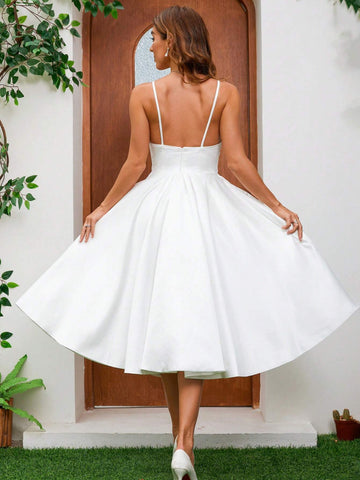 French Elegant Satin Spaghetti Strap Wedding Gown