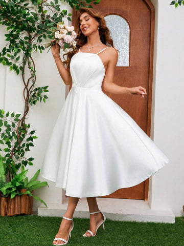 French Elegant Satin Spaghetti Strap Wedding Gown