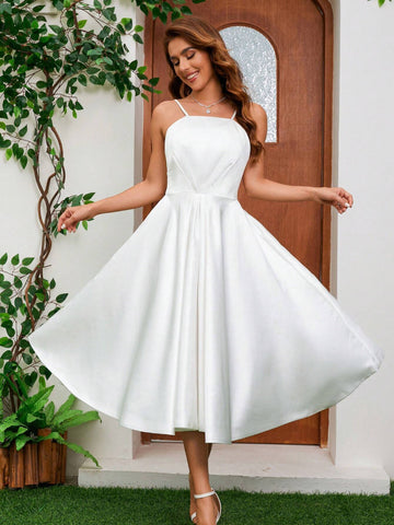 French Elegant Satin Spaghetti Strap Wedding Gown