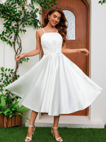 French Elegant Satin Spaghetti Strap Wedding Gown