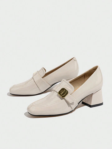 French Fashion Women Lacquered Leather Square Toe British Style Deep Mouth Thick Heel Sandals, Closed Toe Slingback Sandals,