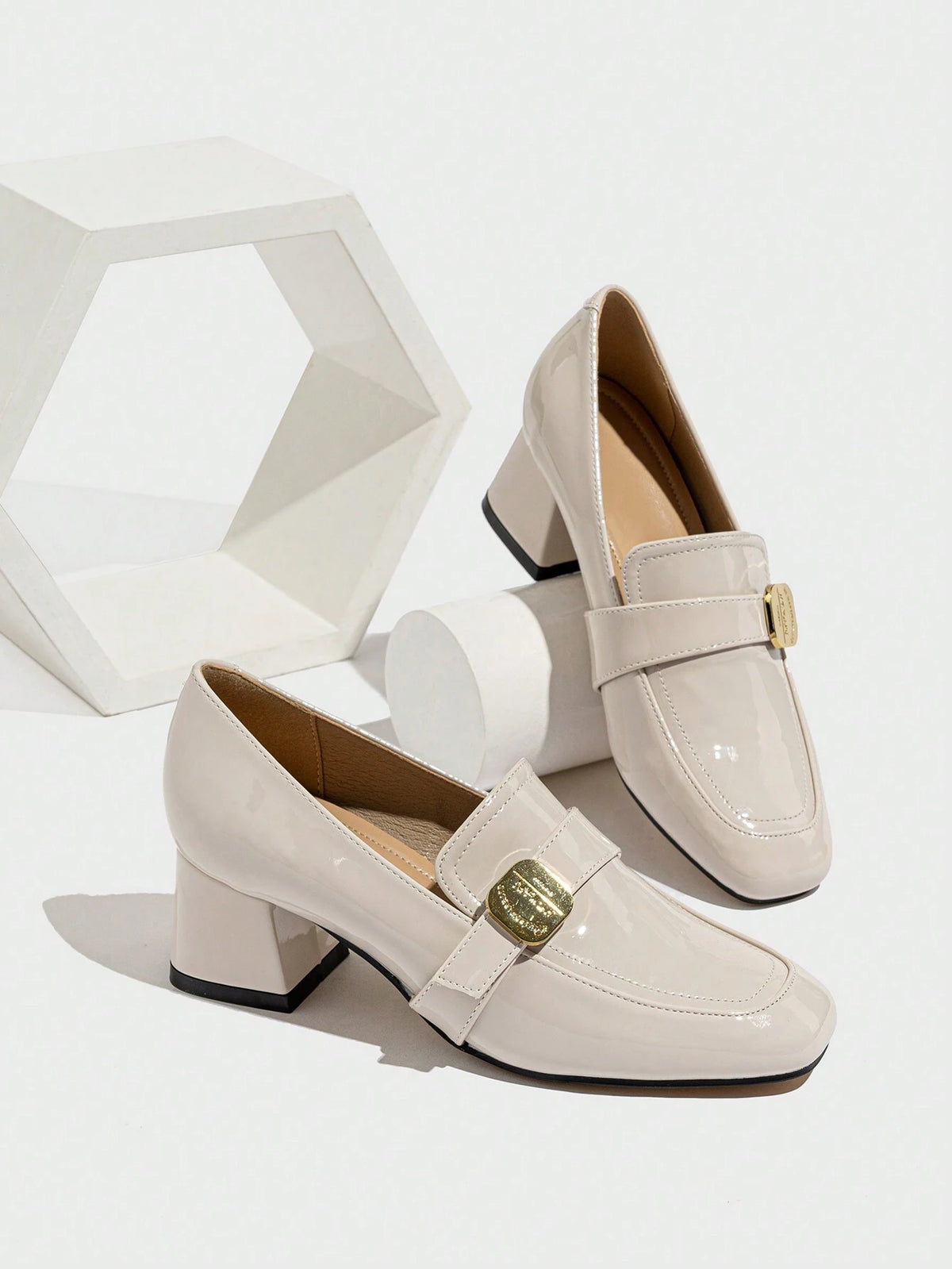 French Fashion Women Lacquered Leather Square Toe British Style Deep Mouth Thick Heel Sandals, Closed Toe Slingback Sandals,