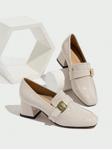 French Fashion Women Lacquered Leather Square Toe British Style Deep Mouth Thick Heel Sandals, Closed Toe Slingback Sandals,