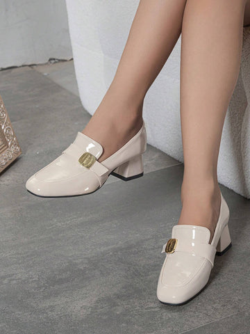 French Fashion Women Lacquered Leather Square Toe British Style Deep Mouth Thick Heel Sandals, Closed Toe Slingback Sandals,