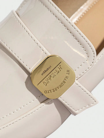 French Fashion Women Lacquered Leather Square Toe British Style Deep Mouth Thick Heel Sandals, Closed Toe Slingback Sandals,