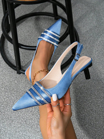 French Gentle Style Kitten Heel Closed Toe Sandals, 2025 Spring Summer New Rhinestone Slip-On