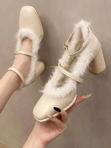 French High -Heeled, Maryzhen, White Hair Edge, Wearing 2024 New Models In Winter, Rough Heel, Apricot Color