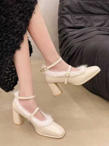 French High -Heeled, Maryzhen, White Hair Edge, Wearing 2024 New Models In Winter, Rough Heel, Apricot Color