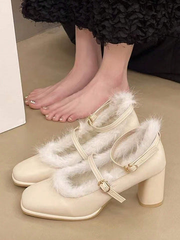 French High -Heeled, Maryzhen, White Hair Edge, Wearing 2024 New Models In Winter, Rough Heel, Apricot Color