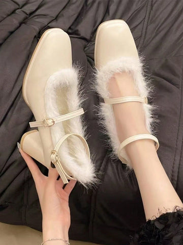French High -Heeled, Maryzhen, White Hair Edge, Wearing 2024 New Models In Winter, Rough Heel, Apricot Color