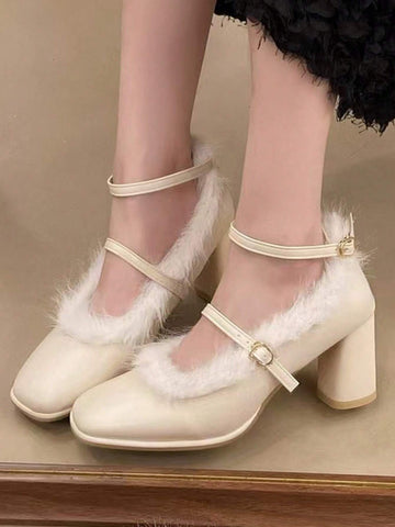 French High -Heeled, Maryzhen, White Hair Edge, Wearing 2024 New Models In Winter, Rough Heel, Apricot Color