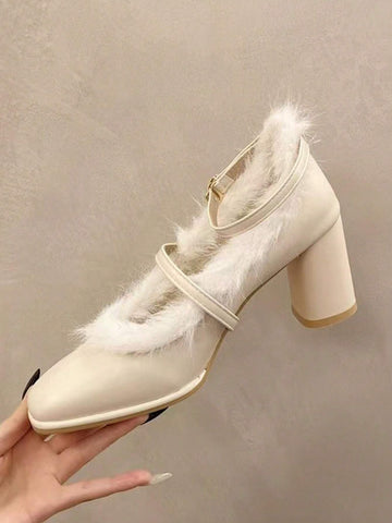 French High -Heeled, Maryzhen, White Hair Edge, Wearing 2024 New Models In Winter, Rough Heel, Apricot Color