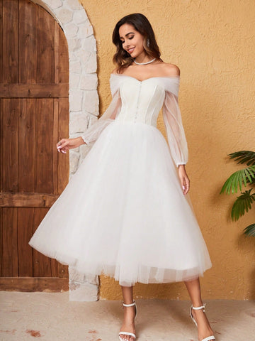 French Off Shoulder Long-Sleeve Mesh Wedding Dress