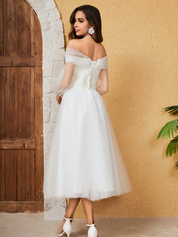 French Off Shoulder Long-Sleeve Mesh Wedding Dress
