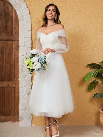 French Off Shoulder Long-Sleeve Mesh Wedding Dress
