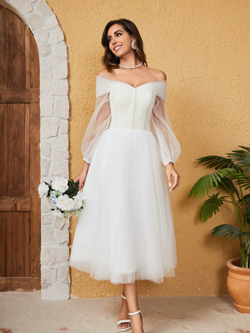 French Off Shoulder Long-Sleeve Mesh Wedding Dress