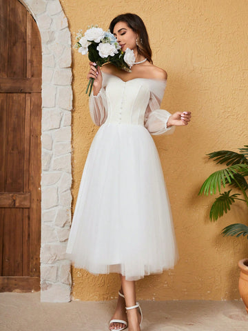 French Off Shoulder Long-Sleeve Mesh Wedding Dress
