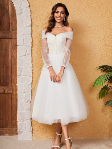French Off Shoulder Long-Sleeve Mesh Wedding Dress