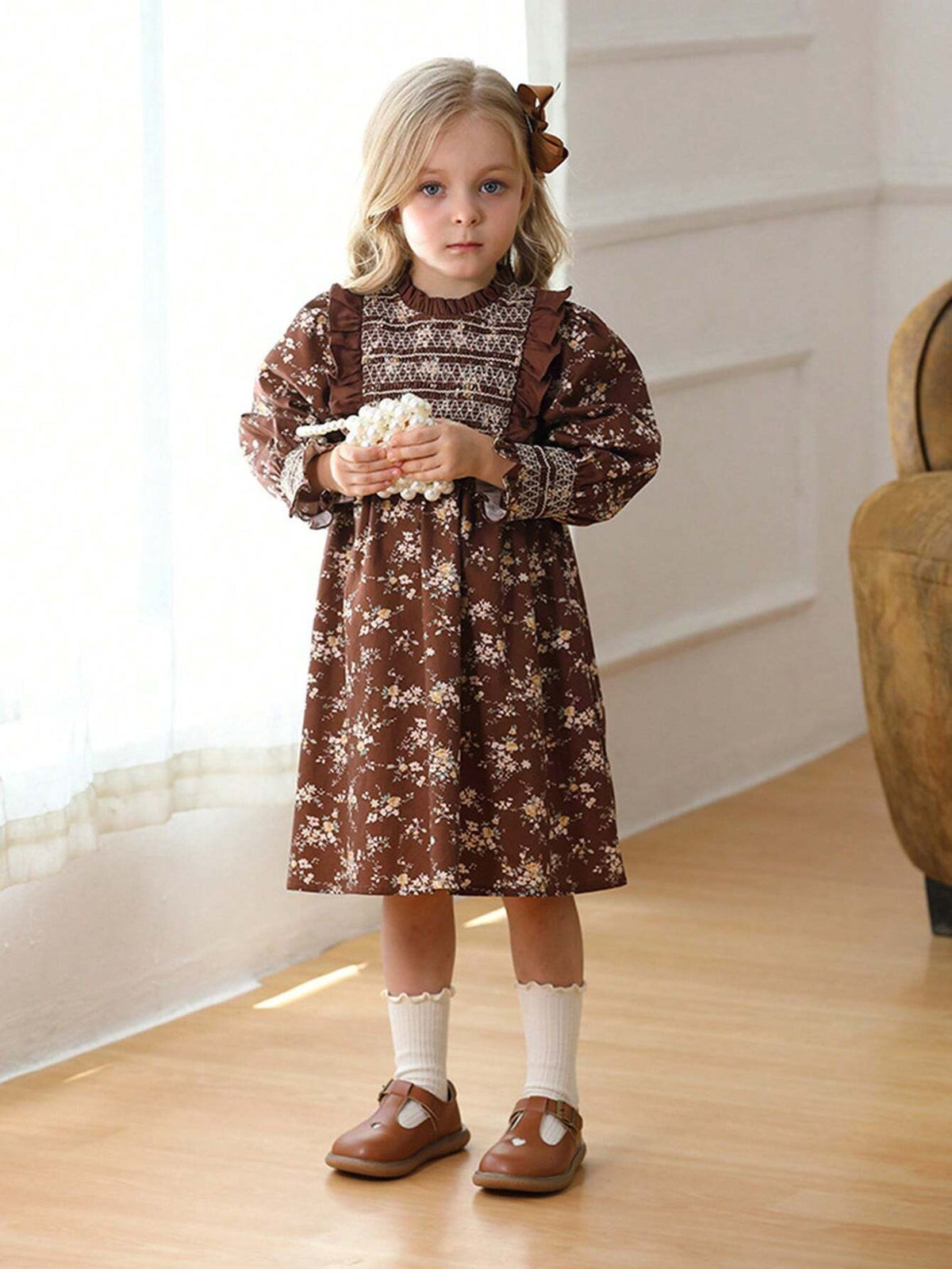 French Retro Handmade Cable Knit Collar Girls Dress, Long Puff Sleeve Sweet Princess Dress, Autumn New Arrival