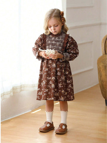 French Retro Handmade Cable Knit Collar Girls Dress, Long Puff Sleeve Sweet Princess Dress, Autumn New Arrival