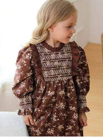 French Retro Handmade Cable Knit Collar Girls Dress, Long Puff Sleeve Sweet Princess Dress, Autumn New Arrival