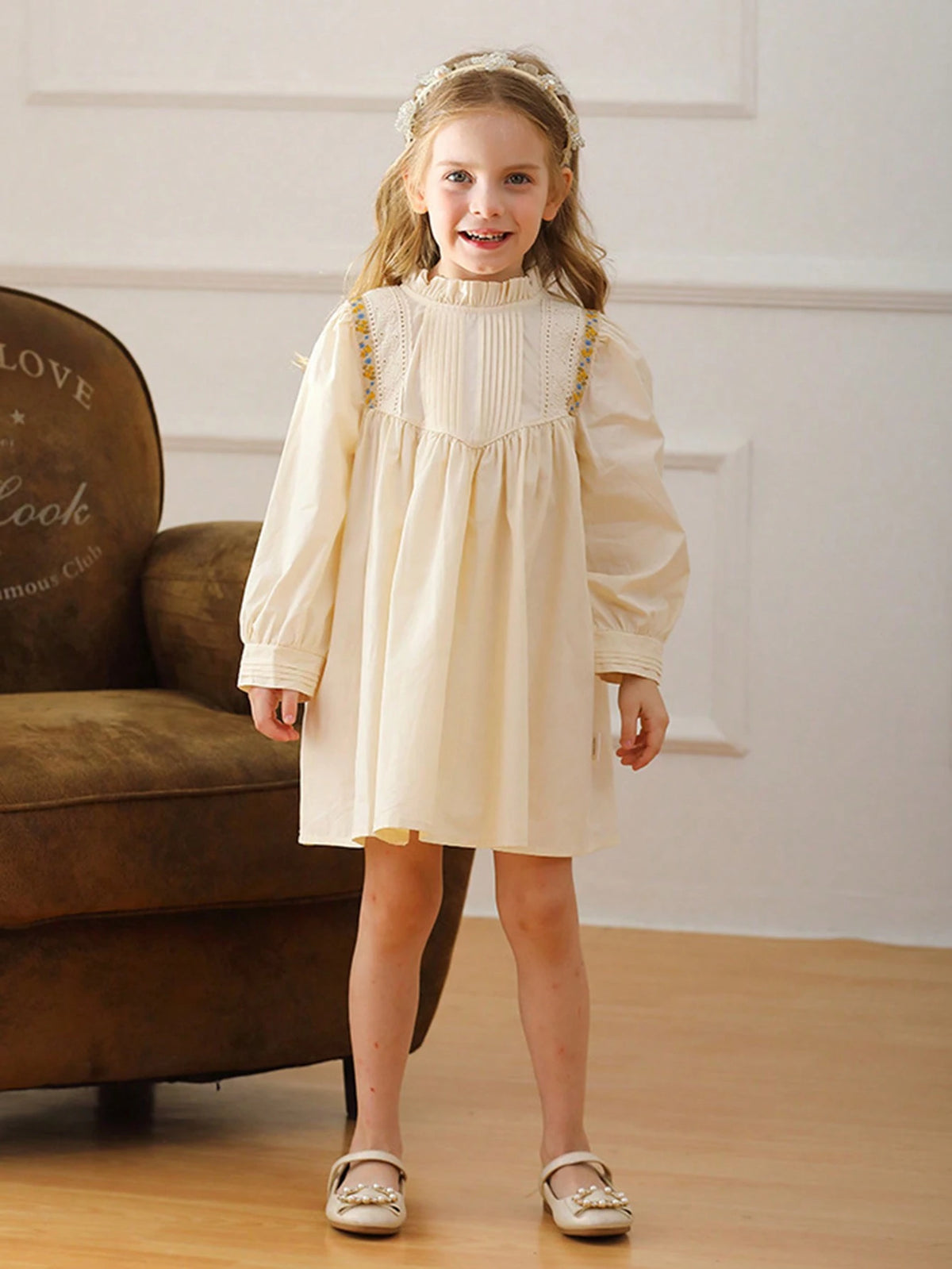 French Retro Lace Trim Long Sleeve Pleated Collar Young Girl Girls Princess Dress