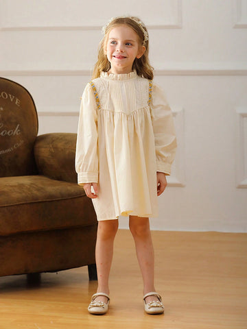 French Retro Lace Trim Long Sleeve Pleated Collar Young Girl Girls Princess Dress