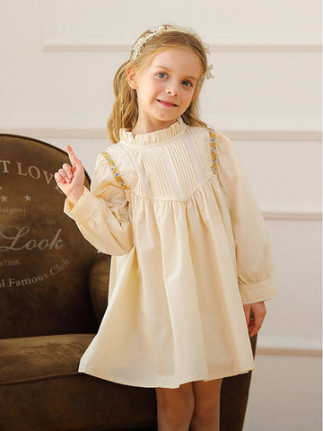 French Retro Lace Trim Long Sleeve Pleated Collar Young Girl Girls Princess Dress