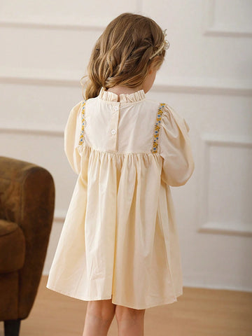 French Retro Lace Trim Long Sleeve Pleated Collar Young Girl Girls Princess Dress