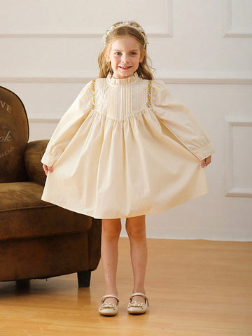 French Retro Lace Trim Long Sleeve Pleated Collar Young Girl Girls Princess Dress