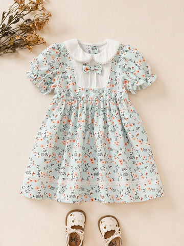 French Retro Pastoral Style Girls Dress, Puff Sleeves, Bow Tie Peter Pan Collar, Sweet Ditsy Floral, Princess Style, Fashion Spring/Summer