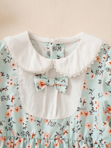 French Retro Pastoral Style Girls Dress, Puff Sleeves, Bow Tie Peter Pan Collar, Sweet Ditsy Floral, Princess Style, Fashion Spring/Summer