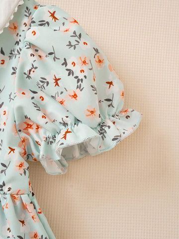 French Retro Pastoral Style Girls Dress, Puff Sleeves, Bow Tie Peter Pan Collar, Sweet Ditsy Floral, Princess Style, Fashion Spring/Summer