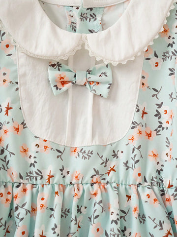 French Retro Pastoral Style Girls Dress, Puff Sleeves, Bow Tie Peter Pan Collar, Sweet Ditsy Floral, Princess Style, Fashion Spring/Summer
