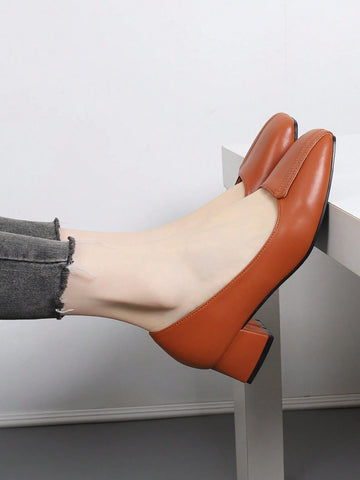 French Retro Square Toe Low Heel Pumps, Women Casual Slip-On Dress Shoes, Versatile Brown Sexy