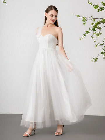 French Romantic Shawl With 3D Flower Decor And Lace & Mesh Patchwork Bridal Shower Dress