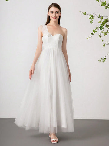 French Romantic Shawl With 3D Flower Decor And Lace & Mesh Patchwork Bridal Shower Dress