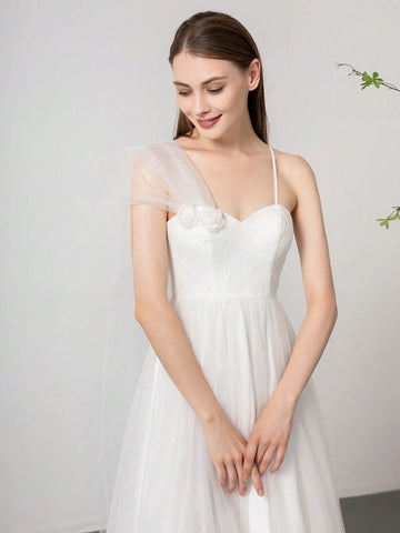 French Romantic Shawl With 3D Flower Decor And Lace & Mesh Patchwork Bridal Shower Dress