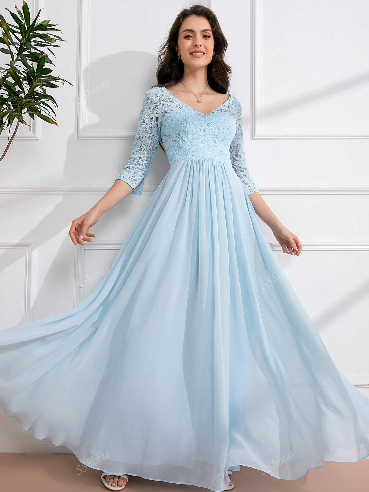 Romantic V-Neck Lace Maxi Dress, Wedding Event Dress