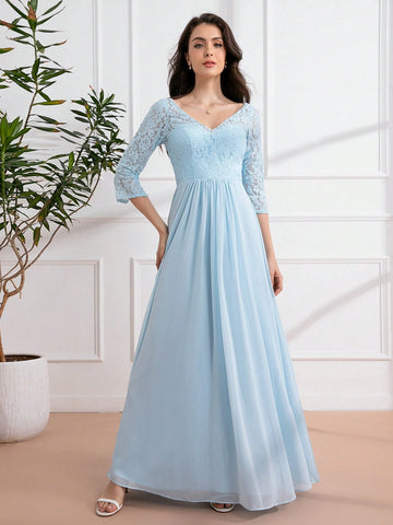 Romantic V-Neck Lace Maxi Dress, Wedding Event Dress