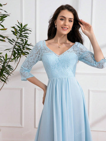 Romantic V-Neck Lace Maxi Dress, Wedding Event Dress